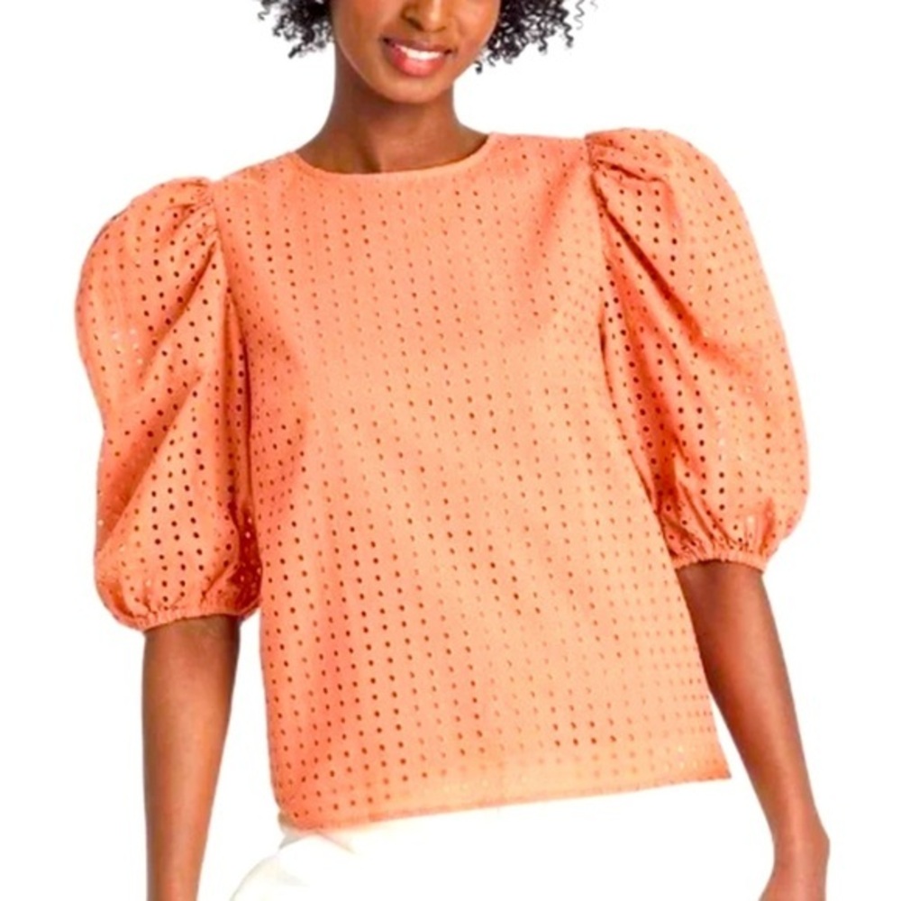 A New Day Coral Eyelet Puff Sleeve Blouse Boho Romantic Feminine Size Large